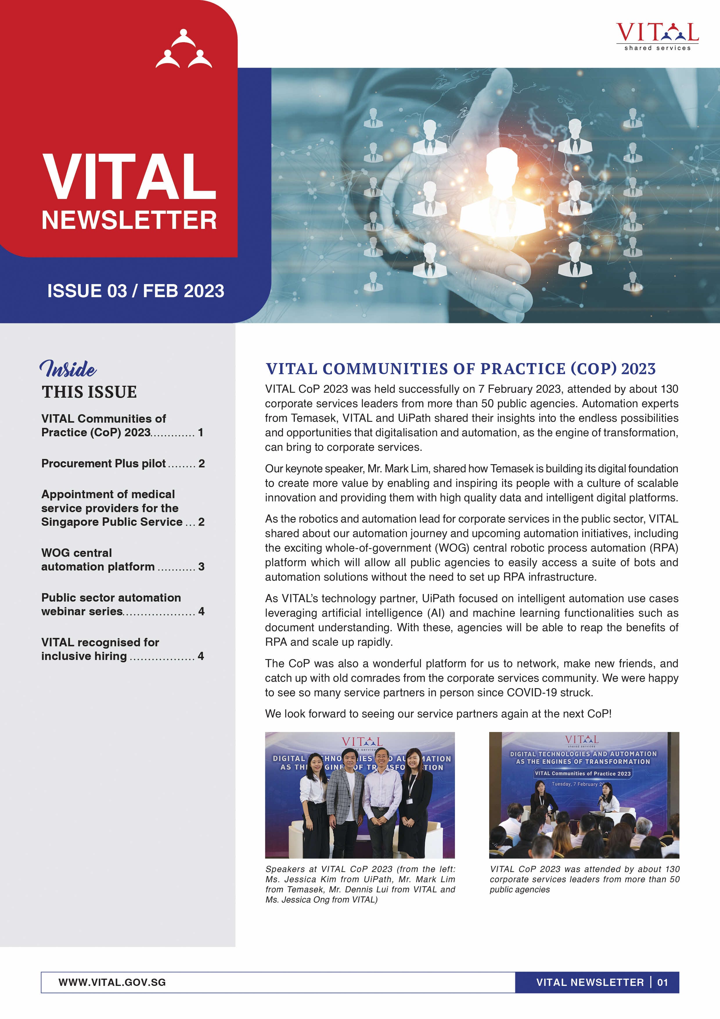 VITAL Shared Services newsletter cover, Issue 03, February 2023, featuring articles on automation and digital transformation.